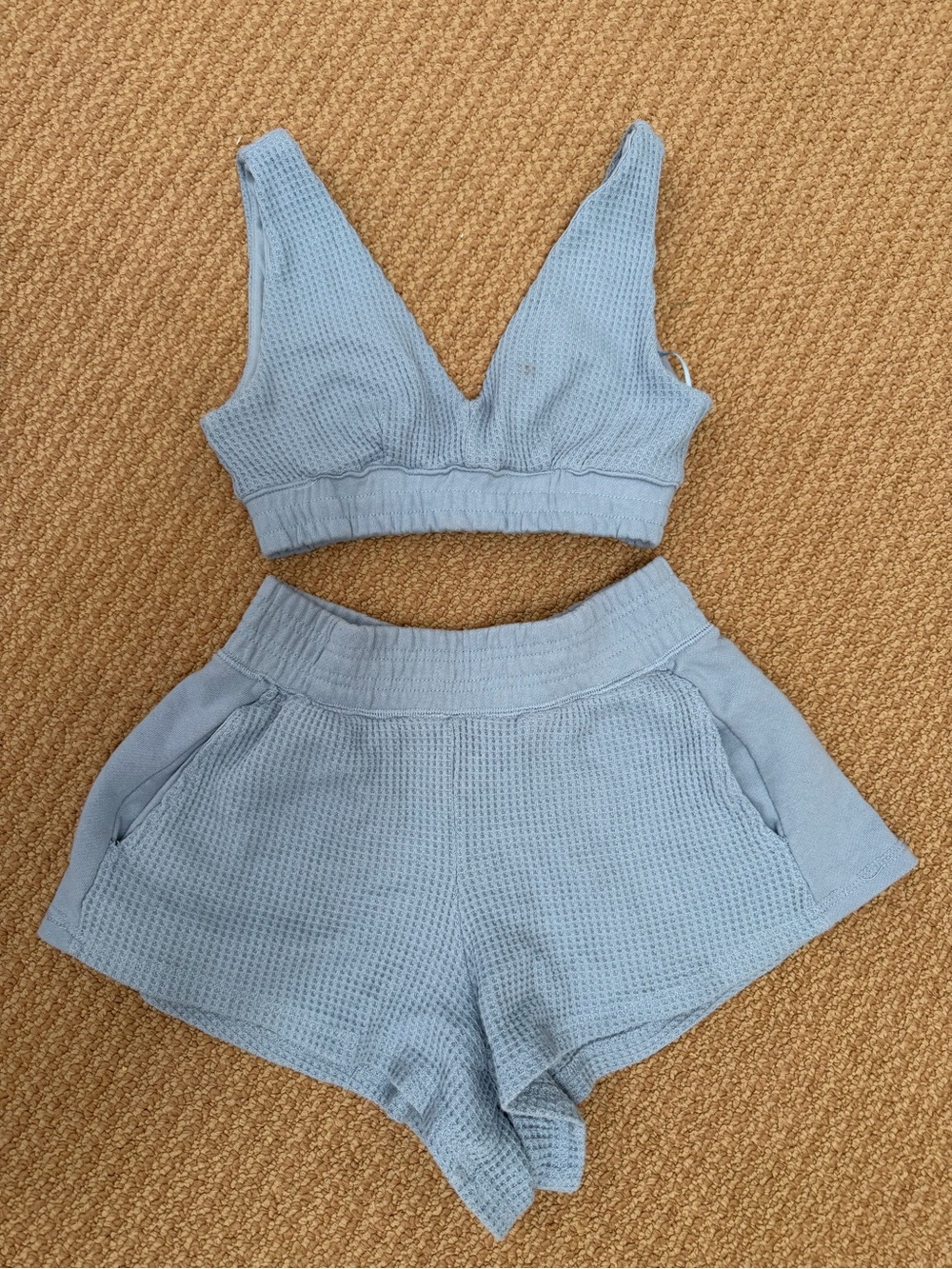Light Blue Waffle Knit Bralette & Shorts Set